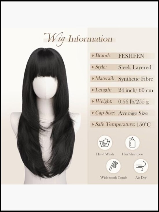 Straight Sleek Layered Wig with Bangs 24 Inch Natural Synthetic Hair Heat main image 6